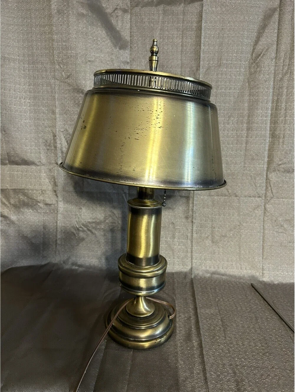 Vintage Bouillotte Style Lamp Brushed Brass Finish W/ 2 Pulls Metal Shade